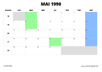 calendrier mai 1990 au format paysage