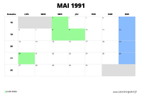 calendrier mai 1991 au format paysage