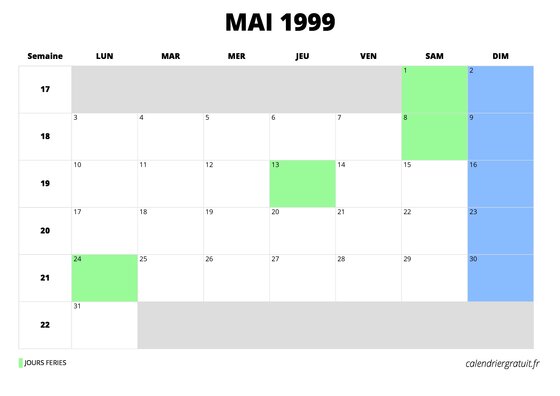 calendrier mai 1999 calendrier mai 1999 au format paysage