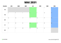 calendrier mai 2031 au format paysage