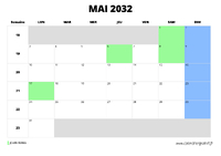 calendrier mai 2032 au format paysage