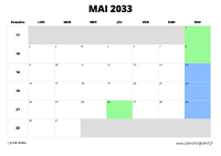 calendrier mai 2033 au format paysage