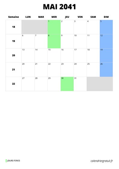 calendrier mai 2041 format portrait