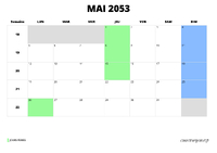 calendrier mai 2053 au format paysage