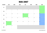 calendrier mai 2067 au format paysage