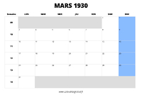 calendrier mars 1930 au format paysage