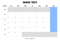 calendrier mars 1931 au format paysage