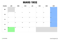 calendrier mars 1932 au format paysage