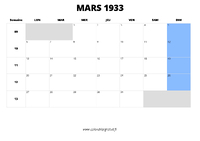 calendrier mars 1933 au format paysage