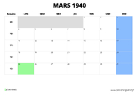 calendrier mars 1940 au format paysage