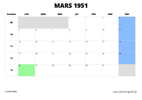 calendrier mars 1951 au format paysage