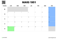 calendrier mars 1951 au format paysage