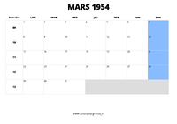 calendrier mars 1954 au format paysage
