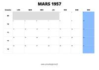 calendrier mars 1957 au format paysage