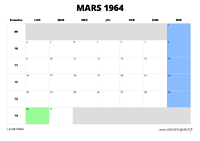 calendrier mars 1964 au format paysage