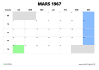 calendrier mars 1967 au format paysage