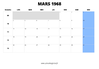 calendrier mars 1968 au format paysage