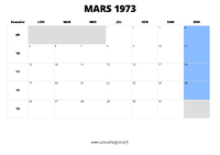 calendrier mars 1973 au format paysage