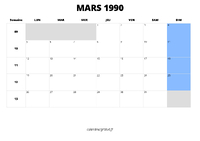 calendrier mars 1990 au format paysage