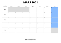 calendrier mars 2001 au format paysage