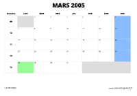 calendrier mars 2005 au format paysage