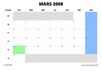 calendrier mars 2008 au format paysage