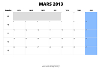 calendrier mars 2013 au format paysage