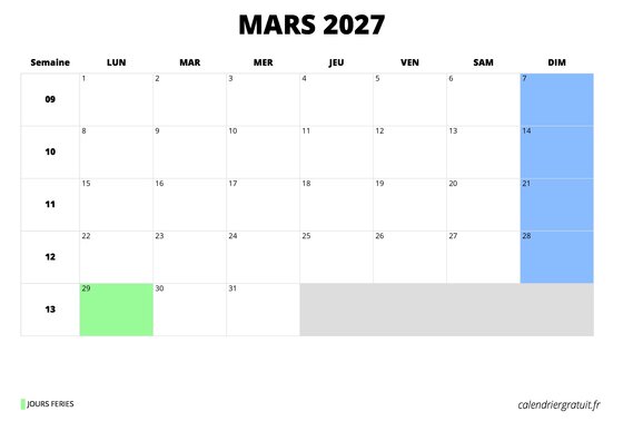 calendrier mars 2027 calendrier mars 2027 au format paysage