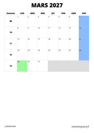 calendrier mars 2027 calendrier mars 2027 format portrait