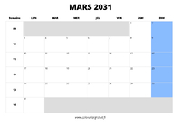 calendrier mars 2031 au format paysage