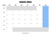 calendrier mars 2064 au format paysage