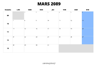 calendrier mars 2089 au format paysage