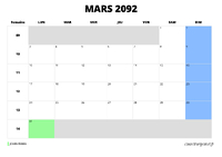 calendrier mars 2092 calendrier mars 2092 au format paysage
