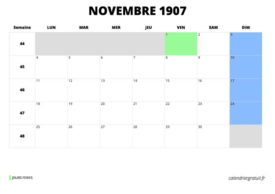 calendrier novembre 1907 calendrier novembre 1907 au format paysage