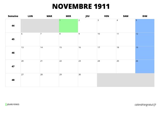 calendrier novembre 1911 au format paysage