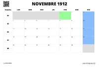 calendrier novembre 1912 au format paysage