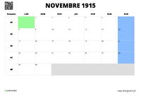 calendrier novembre 1915 au format paysage