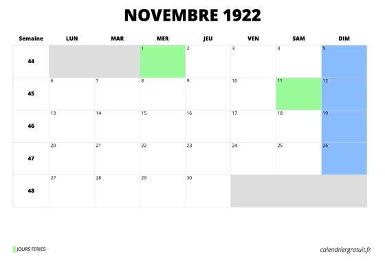 calendrier novembre 1922 calendrier novembre 1922 au format paysage