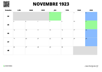 calendrier novembre 1923 au format paysage