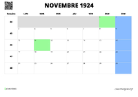 calendrier novembre 1924 au format paysage