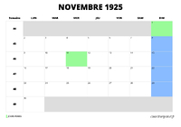 calendrier novembre 1925 au format paysage
