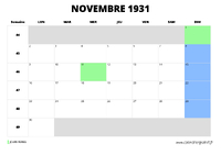calendrier novembre 1931 au format paysage