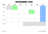 calendrier novembre 1932 au format paysage
