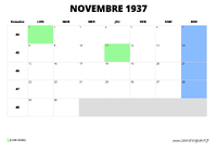 calendrier novembre 1937 au format paysage