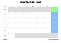 calendrier novembre 1942 au format paysage