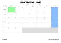 calendrier novembre 1943 au format paysage
