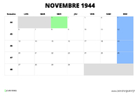 calendrier novembre 1944 au format paysage