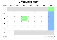 calendrier novembre 1992 au format paysage