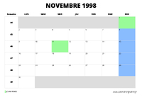 calendrier novembre 1998 au format paysage