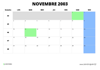 calendrier novembre 2003 au format paysage